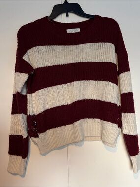 wild fable Burgundy and Cream Striped Lace-Up Crew Sweater